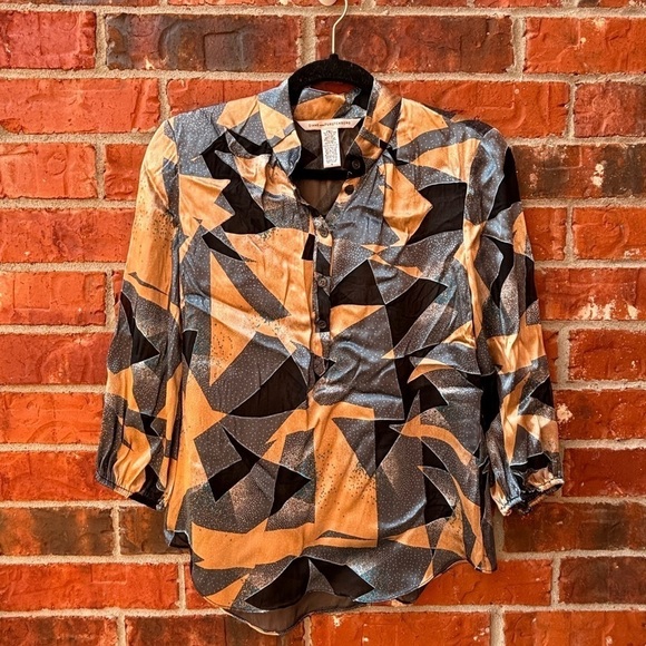 Diane Von Furstenberg Womens 4 Glassglow Silk Gold Black Geometric Blouse - Picture 1 of 10